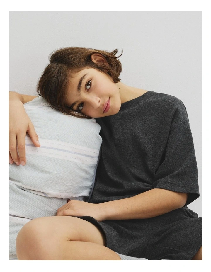 Teen Organically Grown Cotton Blend Short Sleeve Relaxed Pyjama Set in Charcoal Marle image 3