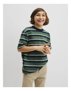 Teen Australian Cotton Relaxed Stripe Short Sleeve T-shirt in Cilantro Stripe