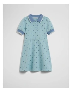 Australian Cotton Short Sleeve Jacquard Polo Dress in Celeste