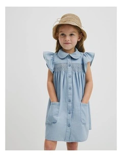 Organically Grown Cotton Short Sleeve Chambray Dress in Sky Blue Wash