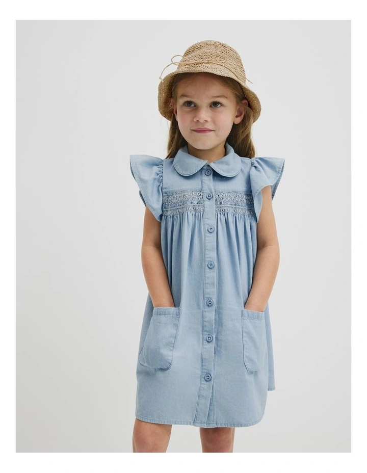 Organically Grown Cotton Short Sleeve Chambray Dress in Sky Blue Wash image 1