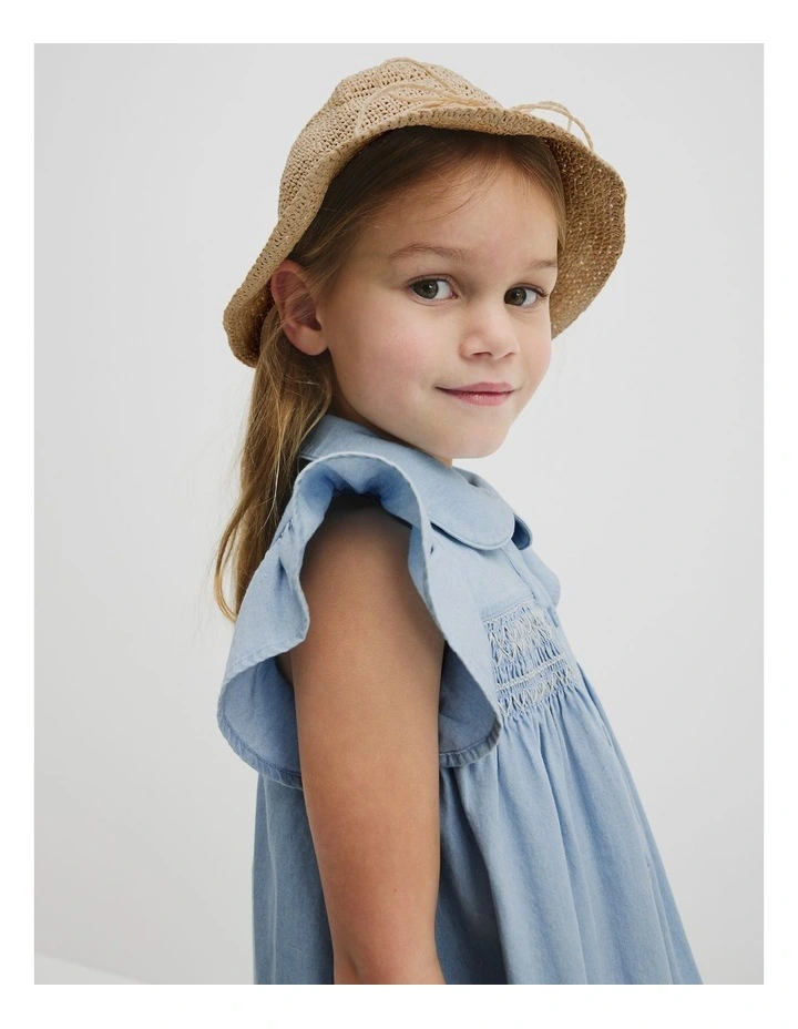 Organically Grown Cotton Short Sleeve Chambray Dress in Sky Blue Wash image 3