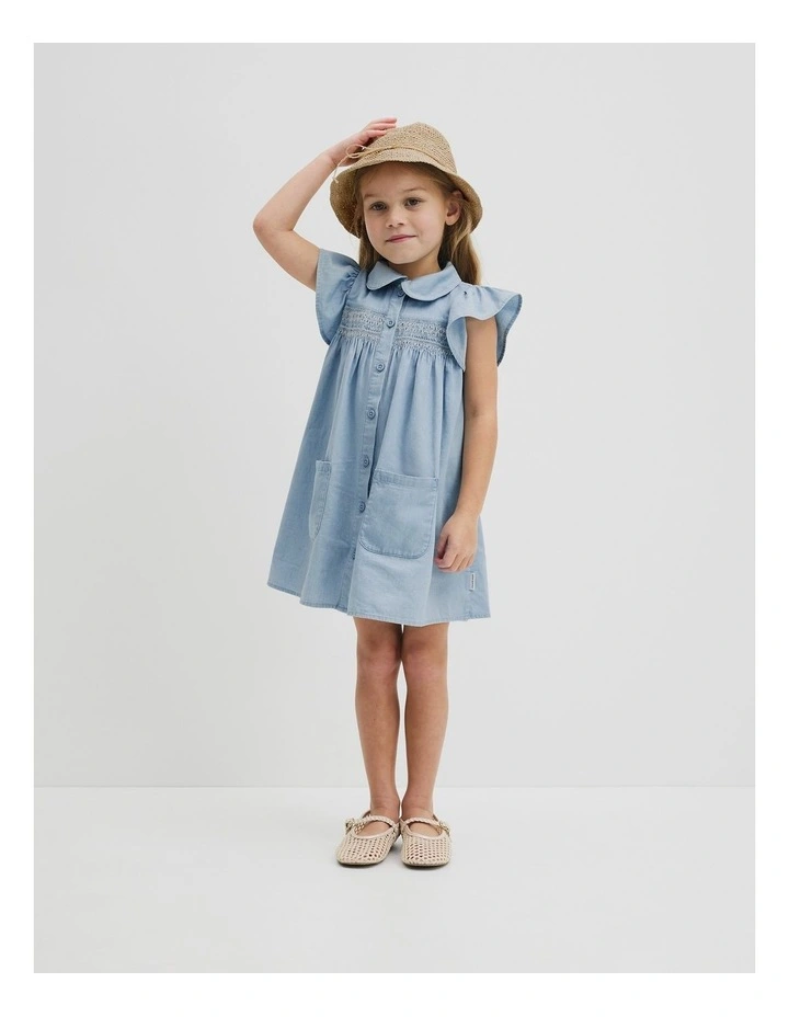 Organically Grown Cotton Short Sleeve Chambray Dress in Sky Blue Wash image 4