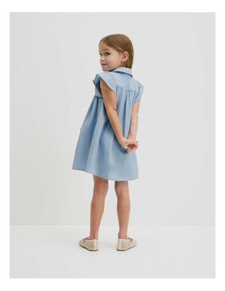Organically Grown Cotton Short Sleeve Chambray Dress in Sky Blue Wash image 5