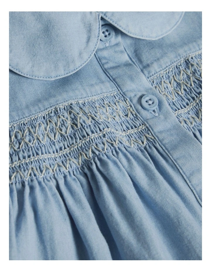 Organically Grown Cotton Short Sleeve Chambray Dress in Sky Blue Wash image 6