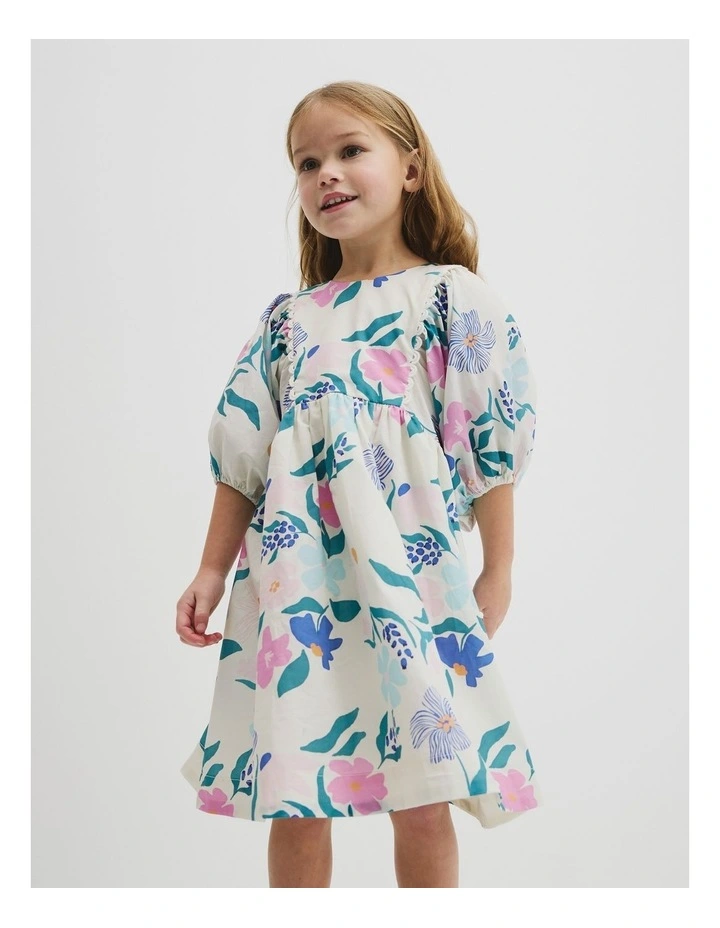 Short Puff Sleeve Print Dress in Light Floral Print image 1