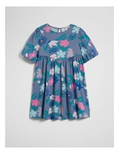 Australian Cotton Short Sleeve Print Jersey Dress in Dark Floral Print