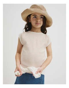 Australian Cotton Blend Short Sleeve Stripe Rib T-shirt in Natural