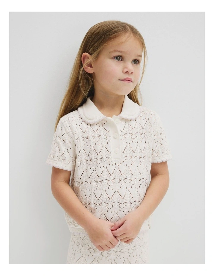 Australian Cotton Short Sleeve Collar Knit Top in Marshmallow image 1