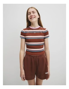Teen Australian Cotton Blend Short Sleeve Rib T-shirt in Pecan Stripe