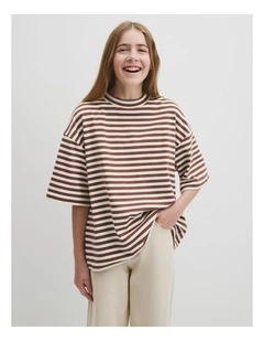 Teen Australian Cotton Blend Short Sleeve Oversized Stripe T-shirt in Pecan Stripe