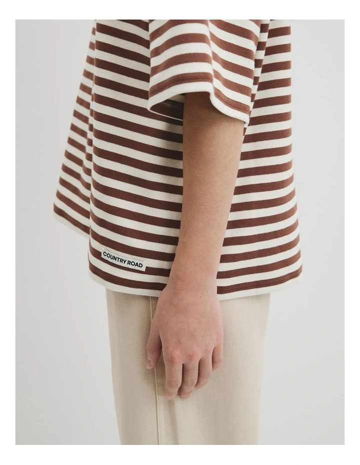 Teen Australian Cotton Blend Short Sleeve Oversized Stripe T-shirt in Pecan Stripe image 3