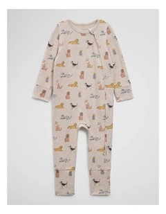 Organically Grown Cotton Jersey Print Jumpsuit in Puppy Print