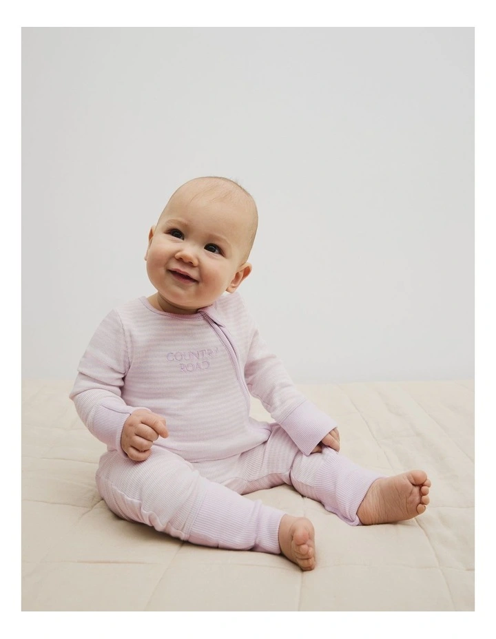 Organically Grown Cotton Stripe Rib Jumpsuit in Pale Lavender Stripe image 1