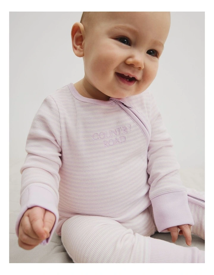 Organically Grown Cotton Stripe Rib Jumpsuit in Pale Lavender Stripe image 3