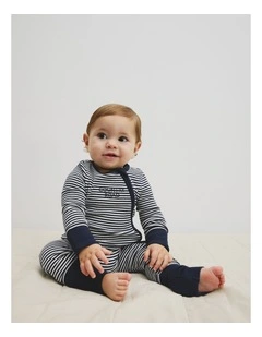 Organically Grown Cotton Stripe Rib Jumpsuit in Navy Stripe