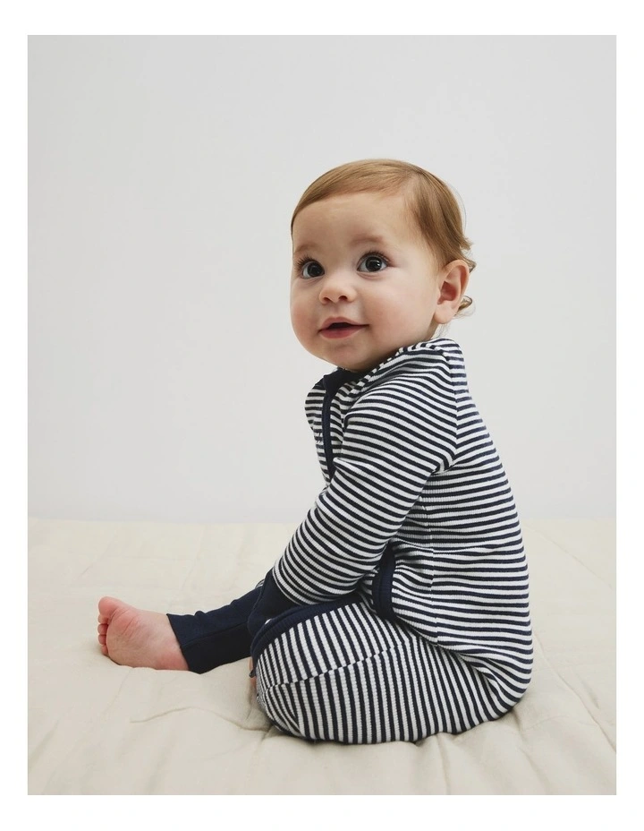 Organically Grown Cotton Stripe Rib Jumpsuit in Navy Stripe image 4