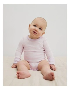 Organically Grown Cotton Long Sleeve Rib Bodysuit in Lavender Stripe