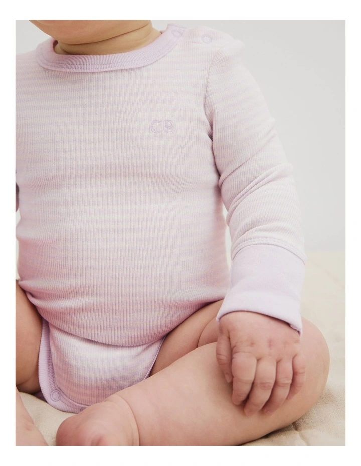 Organically Grown Cotton Long Sleeve Rib Bodysuit in Lavender Stripe image 2