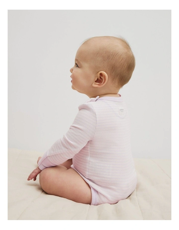 Organically Grown Cotton Long Sleeve Rib Bodysuit in Lavender Stripe image 3