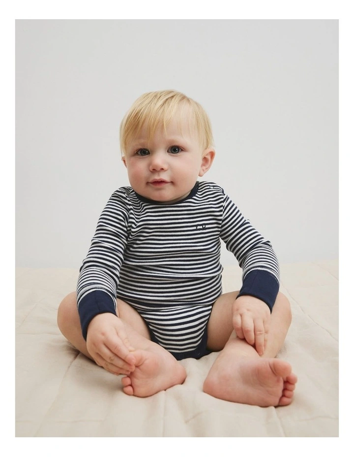 Organically Grown Cotton Long Sleeve Rib Bodysuit in Navy Stripe image 1