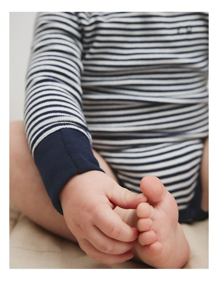 Organically Grown Cotton Long Sleeve Rib Bodysuit in Navy Stripe image 2