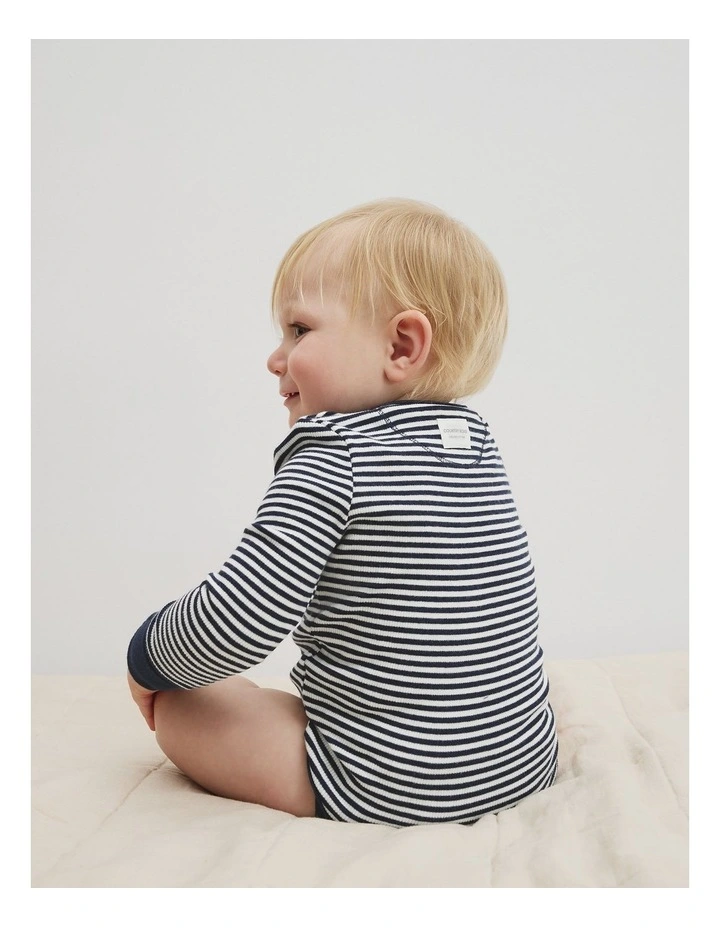 Organically Grown Cotton Long Sleeve Rib Bodysuit in Navy Stripe image 3