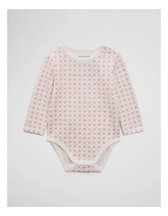 Long Sleeve Pointelle Frill Bodysuit in Pale Pink Geo Flower