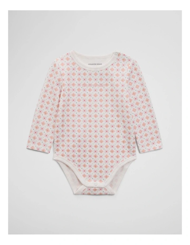 Long Sleeve Pointelle Frill Bodysuit in Pale Pink Geo Flower image 1