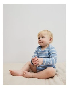 Organically Grown Cotton Stripe Logo Long Sleeve Bodysuit in Mid Blue Stripe