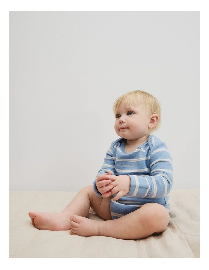 Organically Grown Cotton Stripe Logo Long Sleeve Bodysuit in Mid Blue Stripe image 1