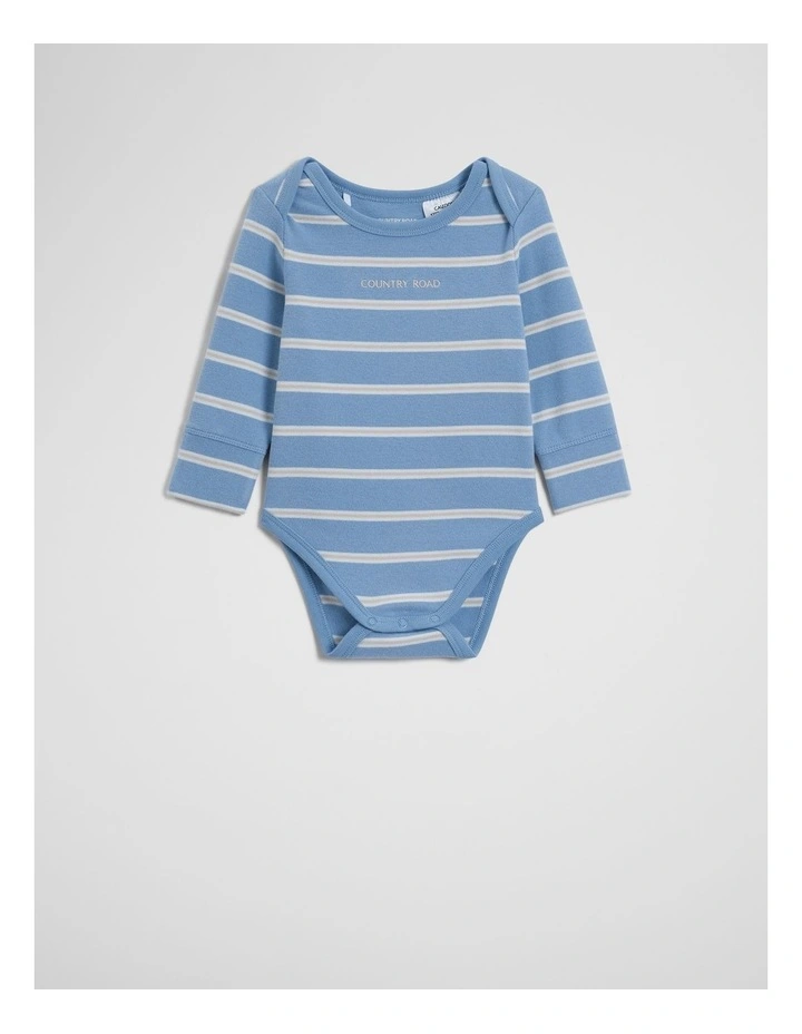 Organically Grown Cotton Stripe Logo Long Sleeve Bodysuit in Mid Blue Stripe image 2