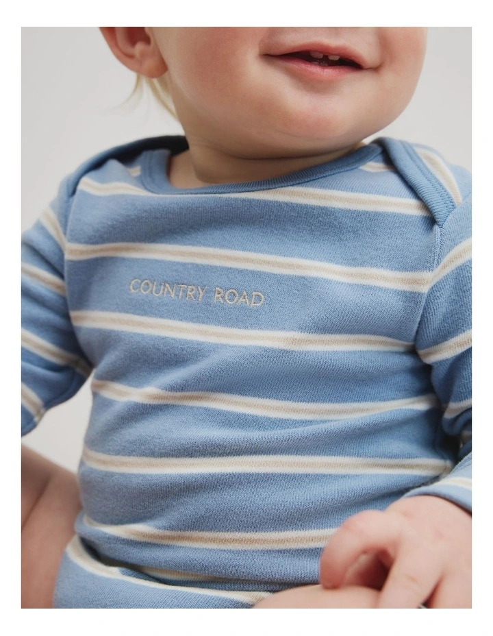 Organically Grown Cotton Stripe Logo Long Sleeve Bodysuit in Mid Blue Stripe image 3