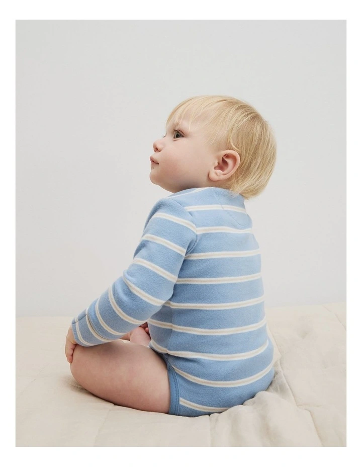 Organically Grown Cotton Stripe Logo Long Sleeve Bodysuit in Mid Blue Stripe image 4