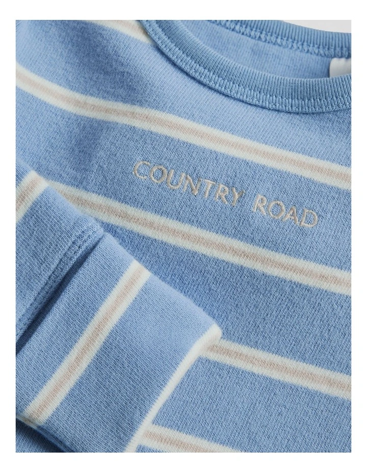 Organically Grown Cotton Stripe Logo Long Sleeve Bodysuit in Mid Blue Stripe image 5