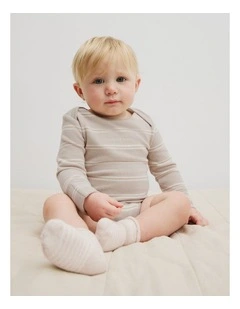 Organically Grown Cotton Stripe Logo Long Sleeve Bodysuit in Pebble Stripe