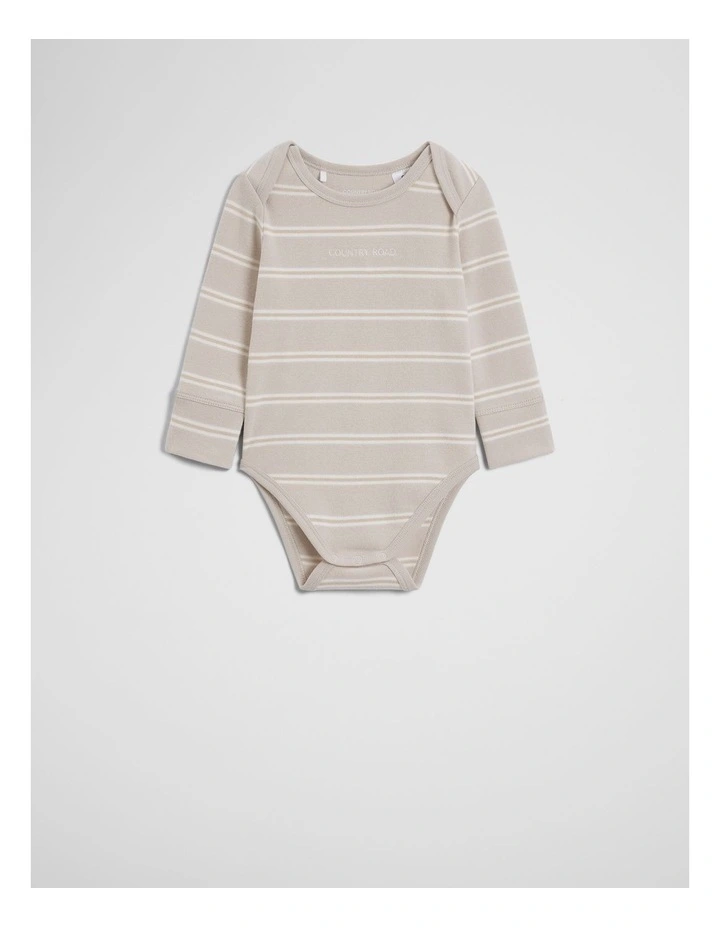 Organically Grown Cotton Stripe Logo Long Sleeve Bodysuit in Pebble Stripe image 2