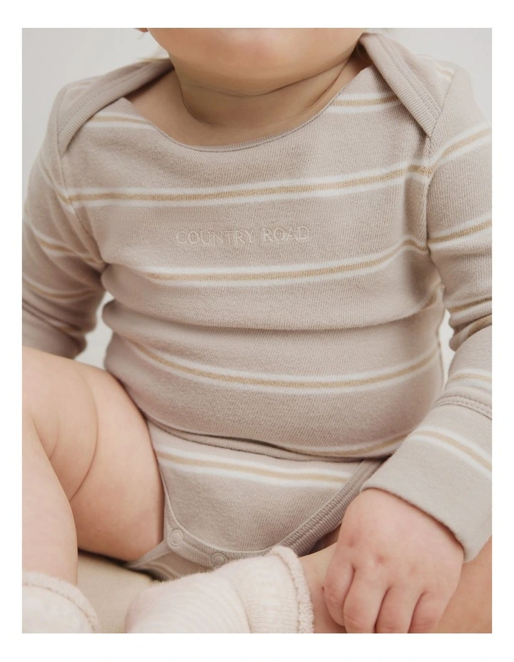 Organically Grown Cotton Stripe Logo Long Sleeve Bodysuit in Pebble Stripe image 3