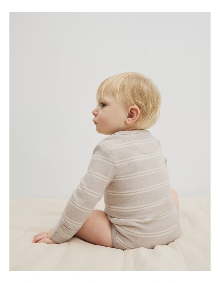 Organically Grown Cotton Stripe Logo Long Sleeve Bodysuit in Pebble Stripe image 4
