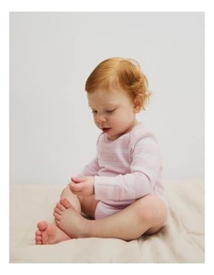 Organically Grown Cotton Stripe Logo Long Sleeve Bodysuit in Mineral Pink Stripe