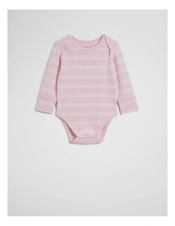 Organically Grown Cotton Stripe Logo Long Sleeve Bodysuit in Mineral Pink Stripe image 2