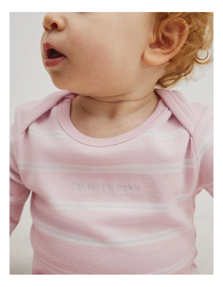 Organically Grown Cotton Stripe Logo Long Sleeve Bodysuit in Mineral Pink Stripe image 3