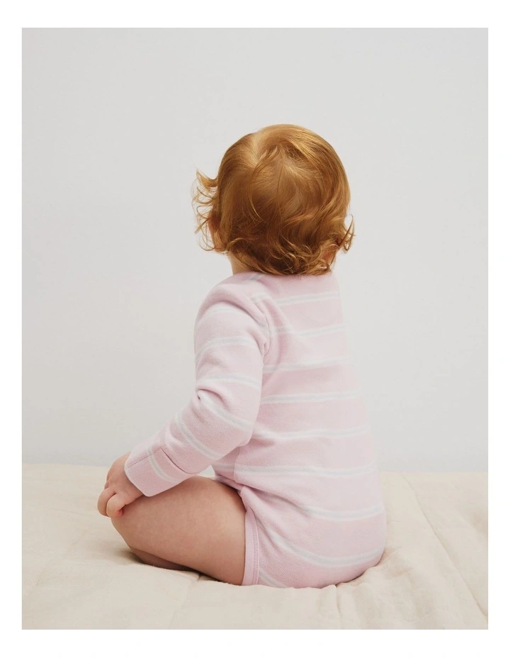 Organically Grown Cotton Stripe Logo Long Sleeve Bodysuit in Mineral Pink Stripe image 5