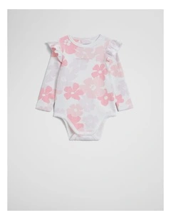 Organically Grown Cotton Blend Pointelle Frill Bodysuit in Bold Floral Prnt