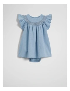 Organically Grown Cotton Sleeveless Chambray Romper Dress in Sky Blue Wash