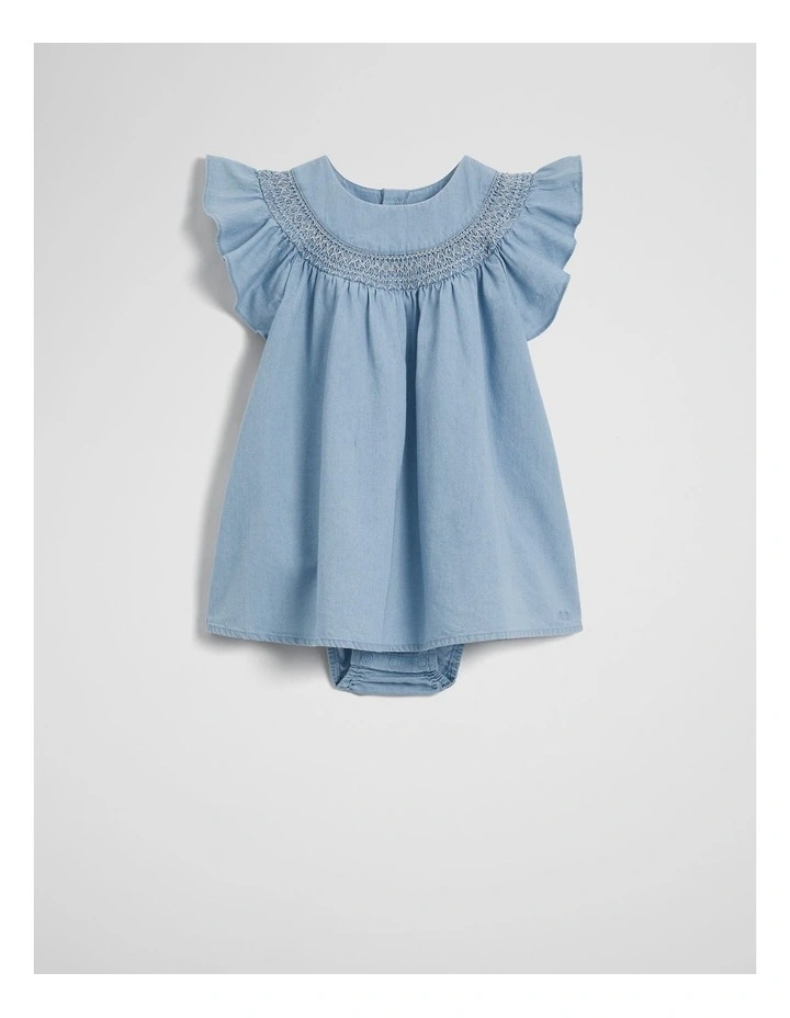 Organically Grown Cotton Sleeveless Chambray Romper Dress in Sky Blue Wash image 1