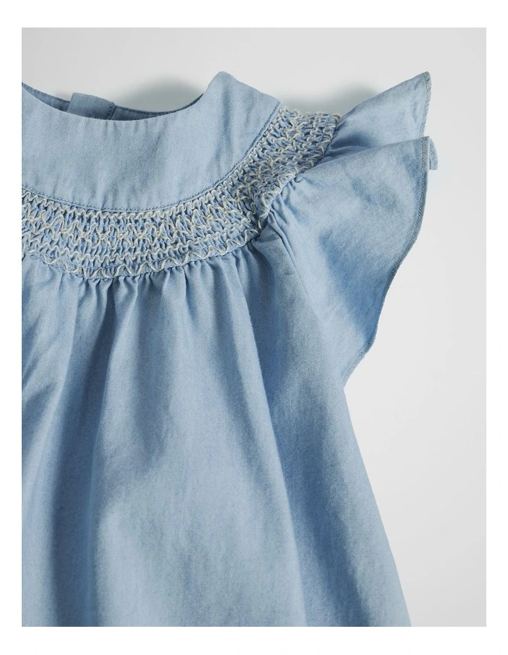 Organically Grown Cotton Sleeveless Chambray Romper Dress in Sky Blue Wash image 2