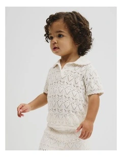 Australian Cotton Short Sleeve Collar Knit Top in Marshmallow
