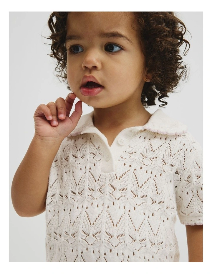 Australian Cotton Short Sleeve Collar Knit Top in Marshmallow image 3