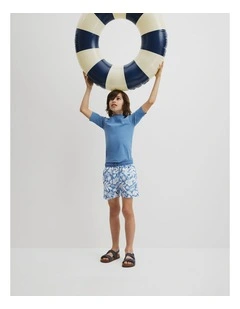 Teen Hibiscus Board Short in Pacific Blue